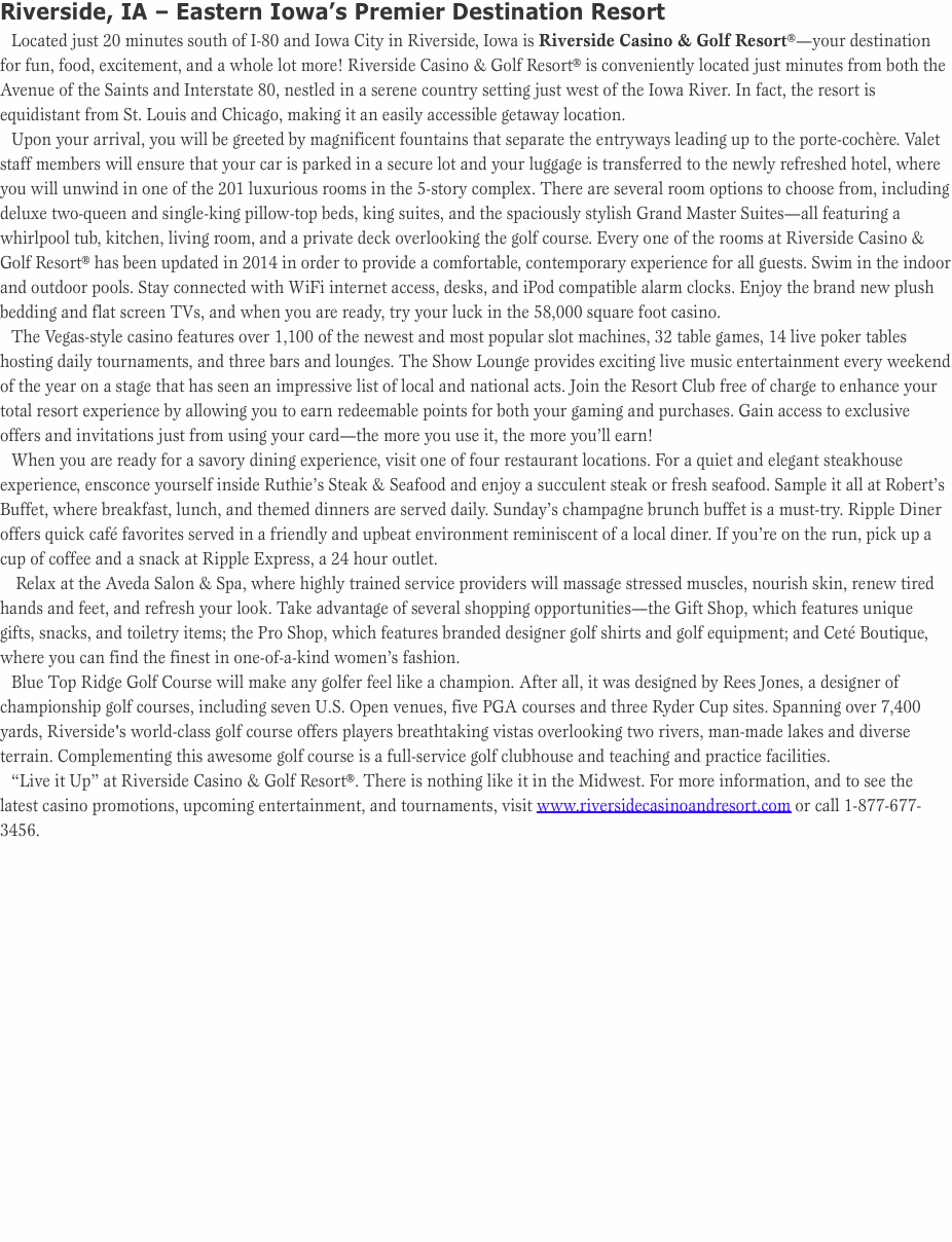 Riverside, IA – Eastern Iowa’s Premier Destination Resort Locat